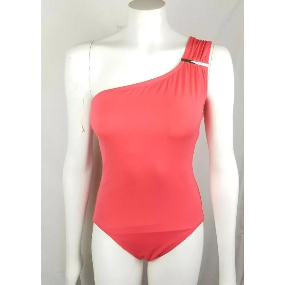 Michael Kors One Shoulder Convertible Gold Plate One Piece wimsuit Size 8
